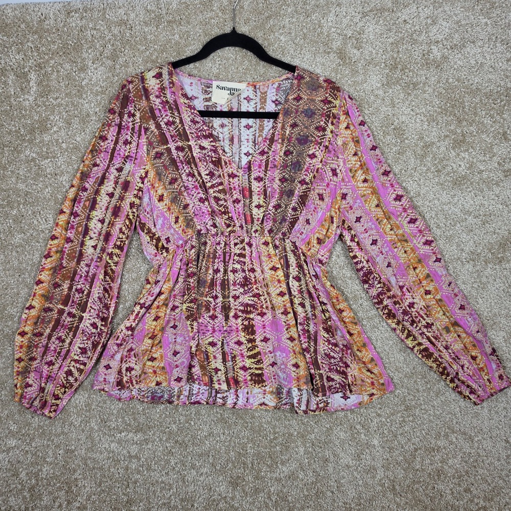 Savanna Jane Blouse Pink Orange Geometric Tribal Boho Peplum Top Large